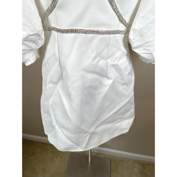 Self-Portrait Bonded Crepe Puff Sleeve Crystal Embellished White Mini Dress Sz 2 - Picture 9 of 13